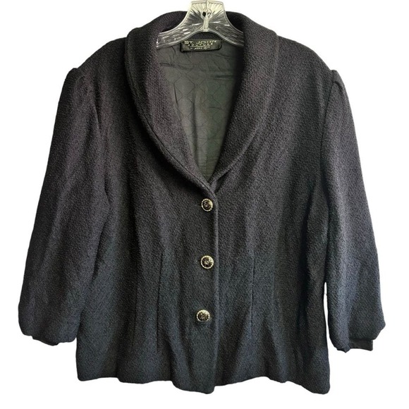 St. John Jackets & Blazers - St John Couture Women's Knit Black Textured Blazer Gold Button Elegant Large